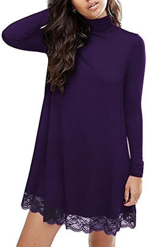 Women Turtleneck Loose Fit Cotton Lace Casual Dress
