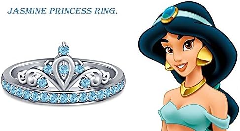RSJ Global 14k White Gold Plated Alloy Created Round Aquamarine Jasmine Princess crown Ring Engagement Wedding Ring For Womens Alloy