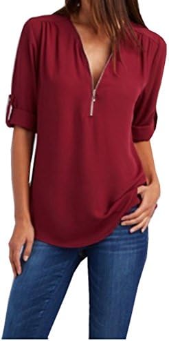 TheFoud Women's Sexy V Neck Half Sleeve Loose Zipper Pullover Casual Top Blouse (XL, Red)