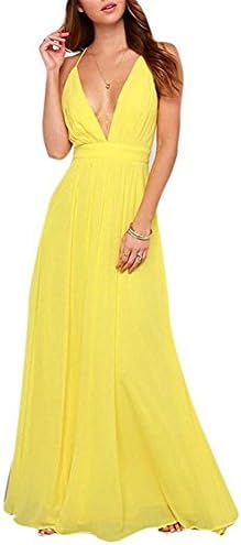 Allbebe Slim Sexy Halter Straps Chiffon Bohemian Beach Long Dress (0-2, Yellow)