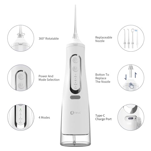 R REVA Cordless Dental Water Flosser for Teeth, Gums & Braces - Electric Oral Irrigator 310ML, 4 Modes, Rechargeable, 4 Jet Tips, Smart Memory, 360° Nozzle, IPX7 Waterproof & Low Noise (M209 - White)
