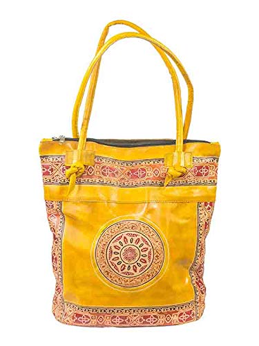 Womens Block Printed Leather Shoulder Bag (Yellow)