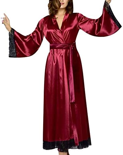 YCQUE Women's Simple Versatile Solid Color Silk Satin Robes Long-Sleeved Underwear Pajamas Set