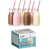 Premium Vials, 11 Oz Glass Milk Bottle Set of 12 - Includes Reusable White Lids and Straws (12)