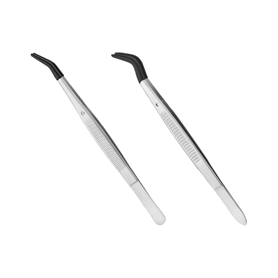 LAWALEISHE 2 Bent Tweezers with Rubber Tips,Stainless Steel Tweezers, Curved Tip Tweezers, Non-Slip Crafting Tweezers,Craft Making Tweezers. (Black)