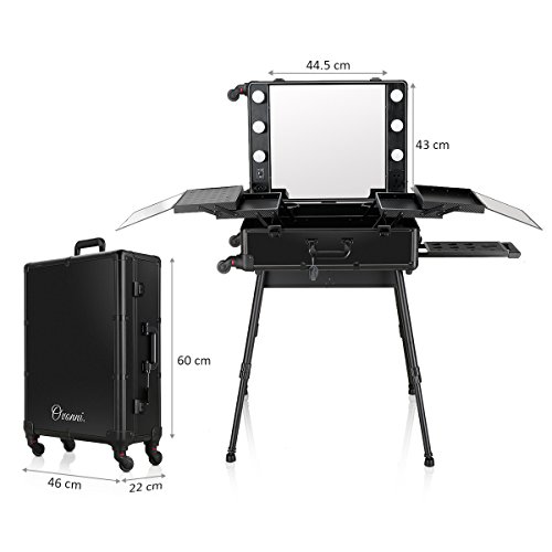 Ovonni LED Makeup Train Case, Lighted Rolling Travel Portable Cosmetic Organizer Box with Mirror & 4 Detachable Wheels, Professional Artist Trolley Studio Free Standing Workstation, Black - Thumbnail 4