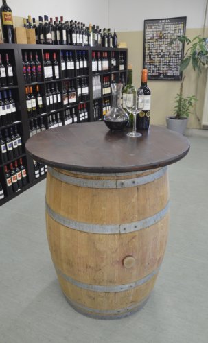 Temesso Dekofass, Stehtisch aus echtem Weinfass, Gartentisch mit Tischplatte nussbaumfarben lackiert D80 cm - Fass Natur unbehandelt – Bild 6