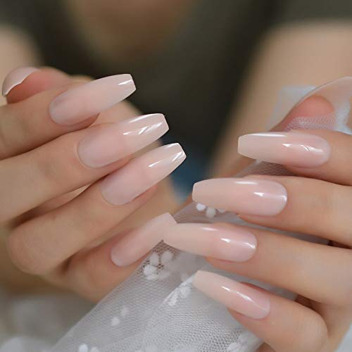 Nude Extra Long Fake Nails Coffin Full Cover Glossy False Nail Long Ballerina Nails with Glue Sticker - Thumbnail 3
