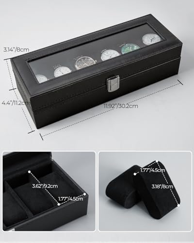 Ohuhu Watch Cases for Men Watch Box 6-Slot PU Leather Real Glass Lid Jewelry Organizer Storage Soft Velvet Watch Holder Display Case for Women Birthday Fathers Day Valentine's Day Gifts