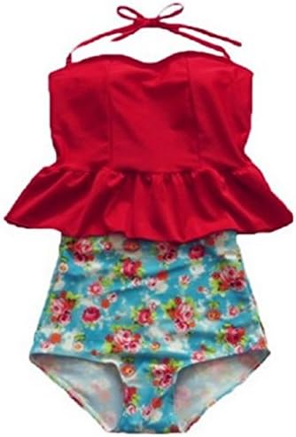 Swimsuit Viva Rose 2pcs High Waisted Stripe Figure-shaping Women's Swimwear (L (US 12-14), Red+Floral)