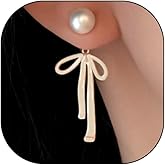 Gold Plated Ribbon Bow Earrings for Women,Vintage Delicate Pearl Hollow Bowknot Dangle Earrings,Minimalist Pearl Bow Earrings Charm Jewelry Gifts