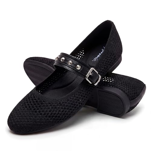 Arromic Mary Jane Ballet Flats for Women,Women Dressy Ballet Flats with Buckle Strap Glue-Free, Hand-Stitched Shoes,On Washable Knitted Fabric Comfortable Dress Shoes Black at Amazon