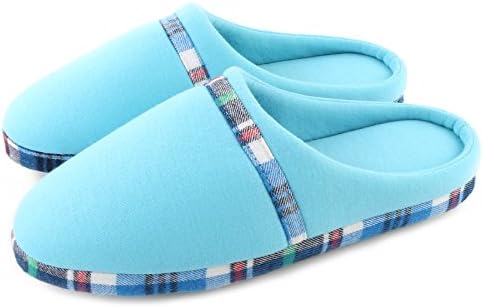 Komyufa Cotton Plaid House Slippers, Washable Flat Closed Toe Home Shoes, Soft Lightweight Shoes Indoor (XL/8.5-9.5 B(M) US, Blue)