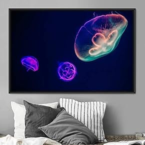 signwin Framed Canvas Wall Art Jellyfish Floating Colorful...