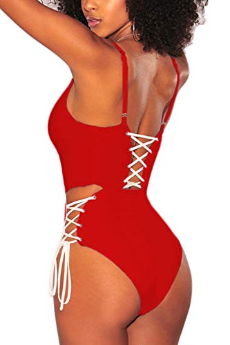 Almaree Crisscross Lace Up Open Back 1 Piece Swimsuit Plunge Swimwear for Woman Red M