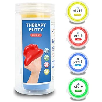 Pivit Therapy Putty Hand Exerciser Stress Balls for Adults | 4 Pack | Fingers Hands & Grip Strength Trainer Puddy | Extra Soft Soft Medium & Firm Resistance Kit | Theraputty for Rehab Physical Therapy