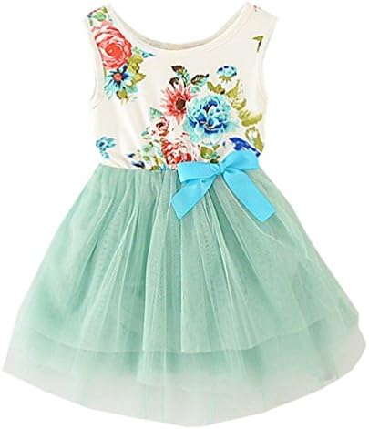 Nichna Little Girls Summer Sleeveless Floral Dress with Bowknot Tulle Tutu Sundress 2 Year Light Green