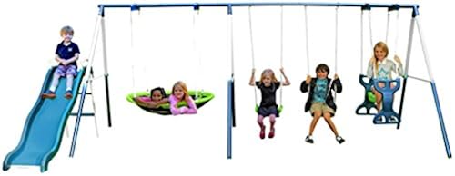 Skroutz Metal Swing Set with Slide for Backyard Outdoor Kids Fun