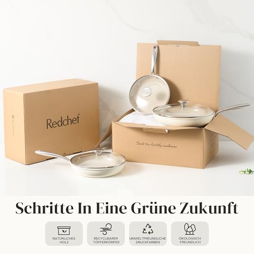 Redchef Ceramic Induction Pan Set, 6 Pieces, Non-Stick Frying Pans 20 24 28 cm with Lid for All Types of Cookers, Stainless Steel Handle, PTFE-Free, PFAS Free, PFOA-Free, Oven-Safe, Dishwasher Safe (Beige)