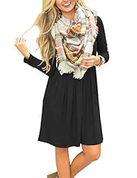 AUSELIA Vestido de manga larga plisado para mujer, estilo casual con bolsillos y longitud de la rodilla