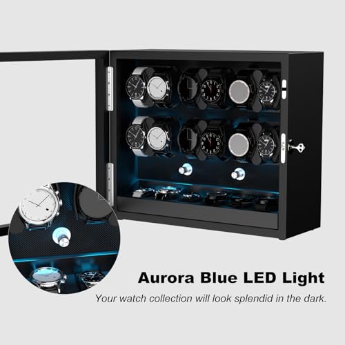 DUKWIN Watch Winder for 4/6/8/12 Automatic Watches, Lockable Automatic Winders with Extra 4/6 Watch Storages, 4 Rotation Modes, Quiet Mabuchi Motor, Sfot Watch Pillows and Blue Backlight