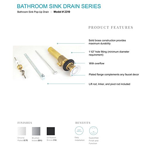 Laguna Brass 2310BN Bathroom Sink Metal Pop-Up Drain Assembly with Lift Rod and Overflow, Brushed Nickel Finish