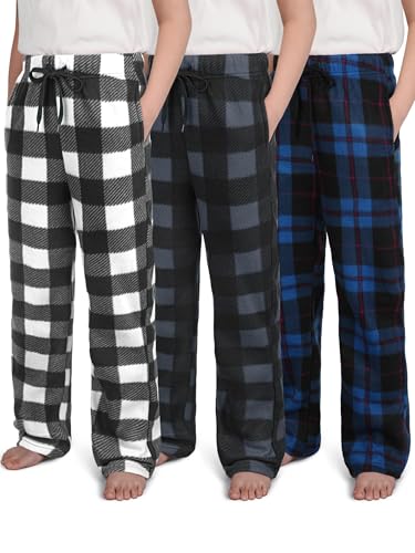 IHU 3 Pack Boys Pajama Pants Kids Micro Fleece Pj Bottoms Sleepwear Plaid Lounge Pant with Drawstring Pockets Boy Clothes