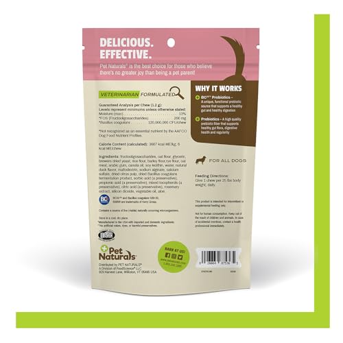 PET NATURALS DAILY PROBIOTIC FOR DOGS, 120M CFUS – PRE AND PROBIOTICS FOR DOGS DIGESTIVE HEALTH, GUT HEALTH, IMMUNE SUPPORT, DIARRHEA, ALLERGIES AND ITCHING – 60 CHEWS, DUCK FLAVOR