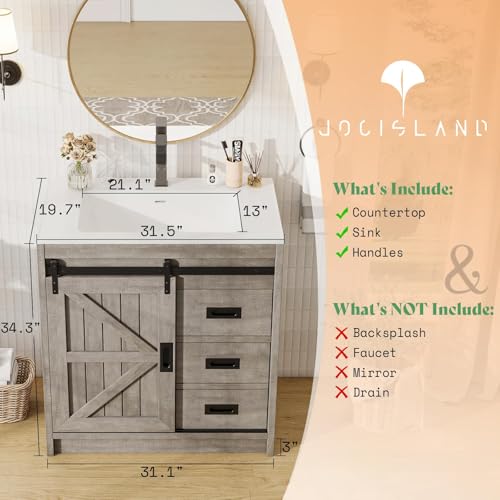 Jocisland Farmhouse Bathroom Vanity with Sink Combo, 31in Sliding Barn Door Bathroom Vanity Cabinet Set with Storage Drawers, Metal Handles, Small Single Bath Storage Vanity Sink, Light Grey