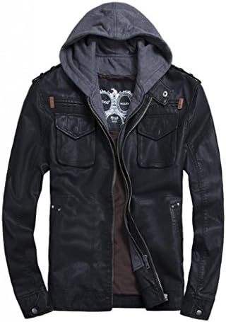 LXTH00o Men's Classic PU Zip Hooded Biker Rock Punk Jacket Coat Black XXL