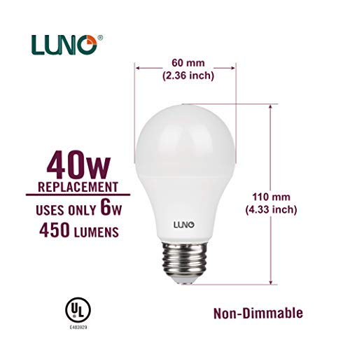 LUNO A19 Non-Dimmable LED Bulb, 6.0W (40W Equivalent), 450 Lumens, 5000K (Daylight), Medium Base (E26), UL Certified (8-Pack)