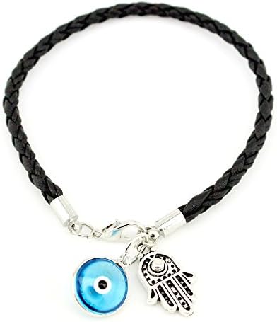LUCKYMOJO Unisex PU Leather Braided Chain Evil Eye Hamsa Charm Bracelet