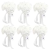 6 Bunch of Bouquet, AerWo White Foam Roses Silk Ribbon Bouquet Handmade Rhinestone Diamante Artificial Flower Bridal Bridesmaid Brooch Wedding Bouquet Decoration