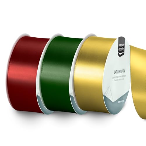 Vaessen Creative Satin Ribbon Set - 3 Christmas Colours of 32.8 ft x 1.5 - Green, Red & Gold - Thin Ribbon for Gift Wrapping and Crafting