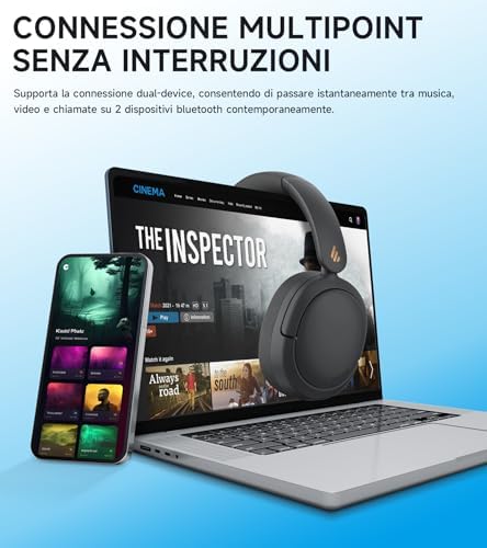 W800BT Pro Cuffie Cancellazione Attiva del Rumore Ibrida, Bluetooth 5.4, Hi-Res Audio, Riduzione del Rumore delle Chiamate AI, 45 Ore Autonomia, Ricarica Rapida, Pieghevole - Nero