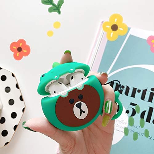 Ultra Thick Soft Silicone 3D Brown Bear Green Alligator Crocodile Case for Apple Airpods 1 2 with Finger Loop Korean Cartoon Protective Mini Bag Protector Shockproof Cute Fun Gift Girls Teens Kids