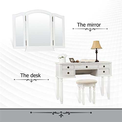 Fineboard FB-VT01-WV Dressing Stool Beauty Station Makeup Table Three Mirror Vanity Set, 5 Organization Drawers, White - Thumbnail 4