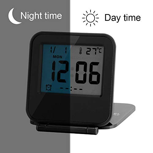 Huasen Mini Small Digital Travel Alarm Clocks Battery Operated with Light Folding,Portable,Pocket Size,Temperature,Black