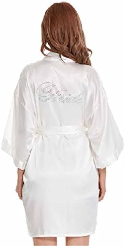 IUTOYYE Women's Satin Kimono Short Robe Embellished with Rhinestones for Wedding Party (S, White(Bride))