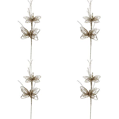 Sparkling Platinum Glitter Butterfly Floral Sprays | 4 Sprays | for Indoor Decor