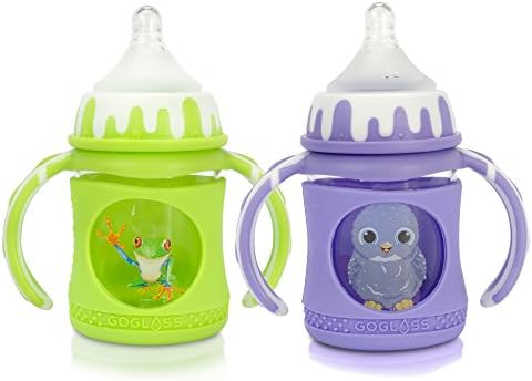 GoGlass Borosilicate Glass Baby Bottle Set With Sippy Cup Spout - 4oz - Two Pack - BPA Free - Best Feeding For Preemie, Newborns, Infants, and Toddlers, Amazon Registry … (Green/Purple)