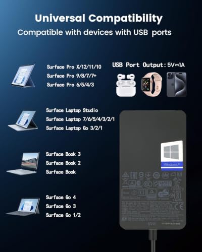 65W Surface Pro Charger,Microsoft Surface Charger for Surface Pro 3/4/5/6/7/7+/8/9/10/11, Surface Laptop 1/2/3/4/5/6/7, Surface Book 1/2/3, Surface Go 1/2/3/4, Surface LaptopGo 1/2/3, Support 44W 36W