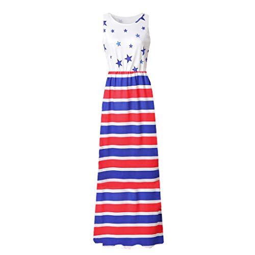 Women's Tank Dress American Flag Print Sleeveless Loose Plain Maxi Dresses Casual Long Dresses with Pockets White