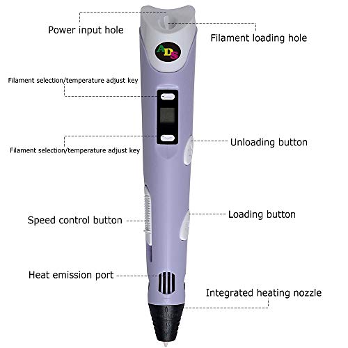 3D Printing Pen, Low Temperature with LED Display for Kids and Adults, Doodler Model Making, Art Crafts Tool, Compatible with PLA and ABS + Bonus 24 Color 236 Feet Filament Refills (Purple) - Thumbnail 3