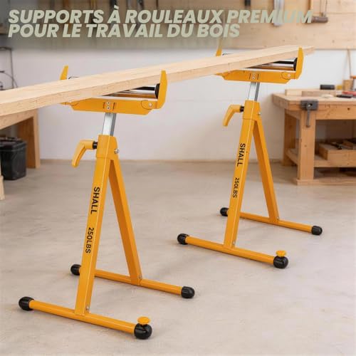 Shall Lot de 2 supports à rouleaux pliants – Capacité de charge de 113,4 kg – Hauteur réglable de 70 à 109 cm – Pour sciage à table – Travail du bois Servante à Rouleau