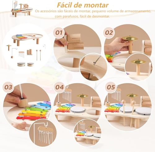 Conjunto de Instrumentos 5 em 1 (Incluindo Pratos), Conjunto de Instrumentos de Percussão, Conjunto de Tambor de Madeira, Kit Musical de Mesa de Madeira Premium, Xilofone