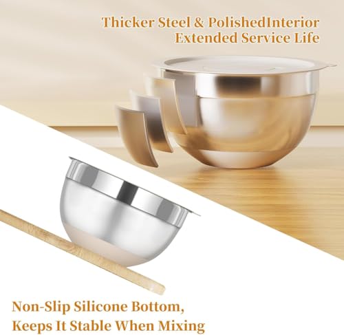 Beauenty Mixing Bowls with Lids Set, 6 Piece Stainless Steel Nesting Storage Bowls for Kitchen, with 3 Grater Attachments & Non-Slip Bottoms, Size 18, 20, 22, 24, 26, 28CM