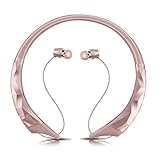 Bluetooth Headphone, Wireless Neckband Headset, Sport Sweatproof with Retractable In-ear Earbuds, Noise Cancelling Stereo Earphones with Mic for iPhone/ Android Cellphone (pink gold)
