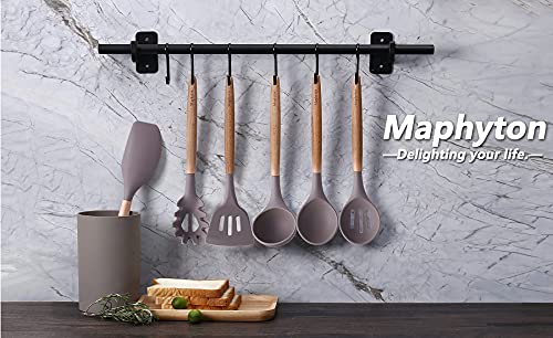 Mapthon Silicone Cooking Kitchen Utensils Set 6 PCS with Wooden Handle for Non-Sticker Cookware Heat-Resistant Kitchen Gadgets Serving Spoons, Slotted Turner, Spatula, Spaghetti Server(Grey)