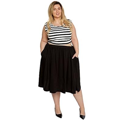 Astra Signature Women's Plus Size Elastic Waist Pleated Chiffon Midi Circle Skirt with Pocket